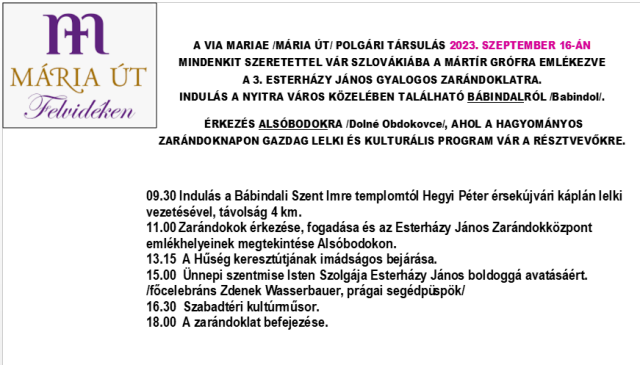 MEGHÍVÓ 3. EJ gyalogos zarándoklat 2023. 09. 16